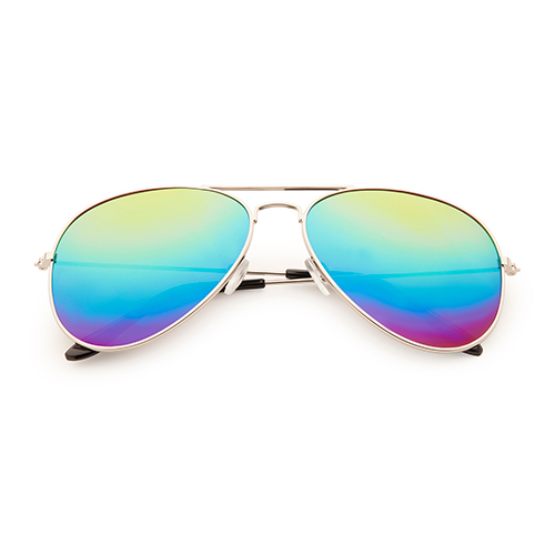 Piloten zonnebril met regenboog spiegel lenzen.